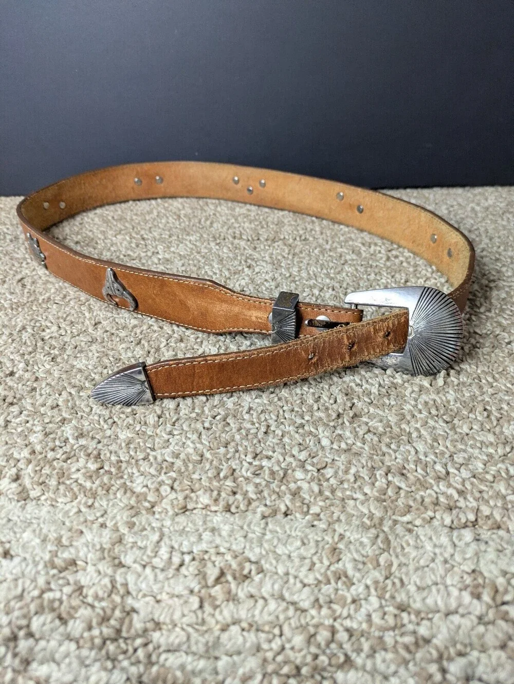 Silver Creek Western Leather Vintage Belt Southwestern Silver Animal Conchos